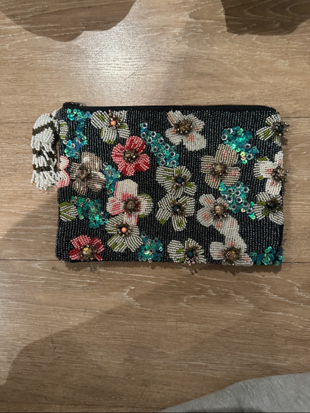 Beaded Floral Zip Wristlet Clutch - Black with Multicolor Flowers